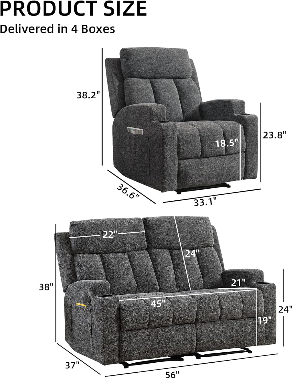 CANMOV Manual Recliner Sofa Set, Fabric Recliner Living Room Furniture Sets, 1 Seat Reclining Chair and a Loveseat Furniture Set with Side Pockets and Cup Holders, Dark Grey