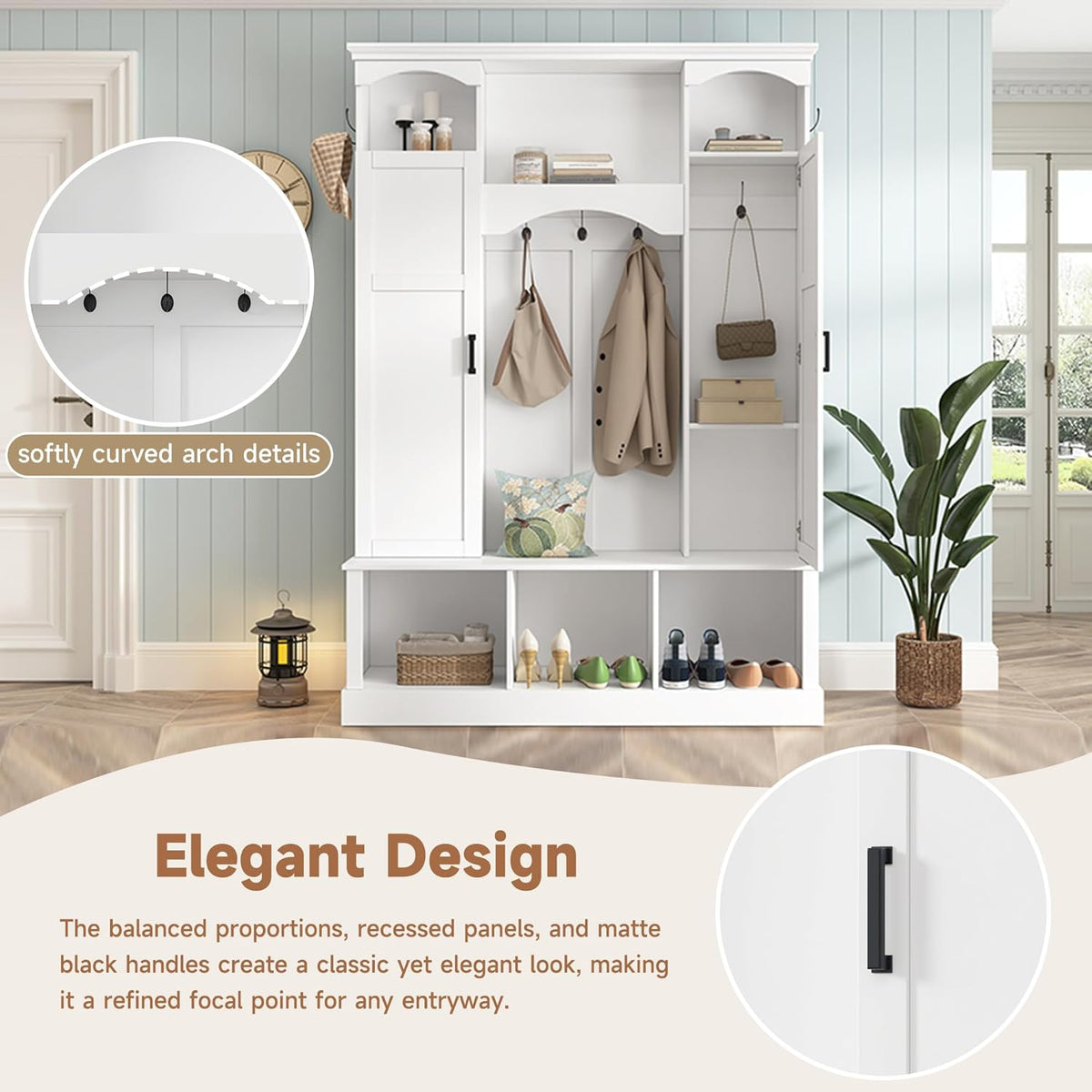 Modern All-in-One Hall Tree with Adjustable Shelves, Classic Arched Farmhouse Storage Bench with Dual Side Cabinets, Elegant Entryway Organizer with 7 Hooks for Mudroom, Hallway, White