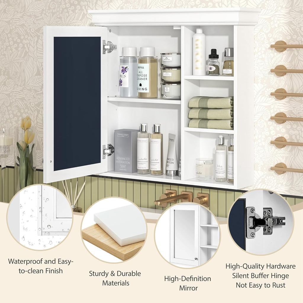 Merax Modern Bathroom Medicine Cabinet with Mirror, 30" x 28" Wall Mounted White Medicine Cabinet with Storage and Open Shelves,Over The Toilet Mirrored Bathroom Storage Wall Cabinet