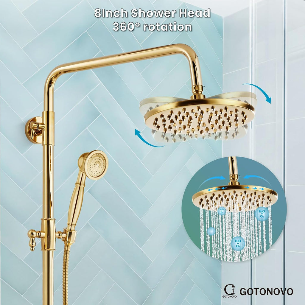 gotonovo Exposed Shower Faucet Set 8 Inch Rainfall Showerhead 3-Function Shower Fixture with Tub Spout 2 Corss Handles Shower System, Polish Gold