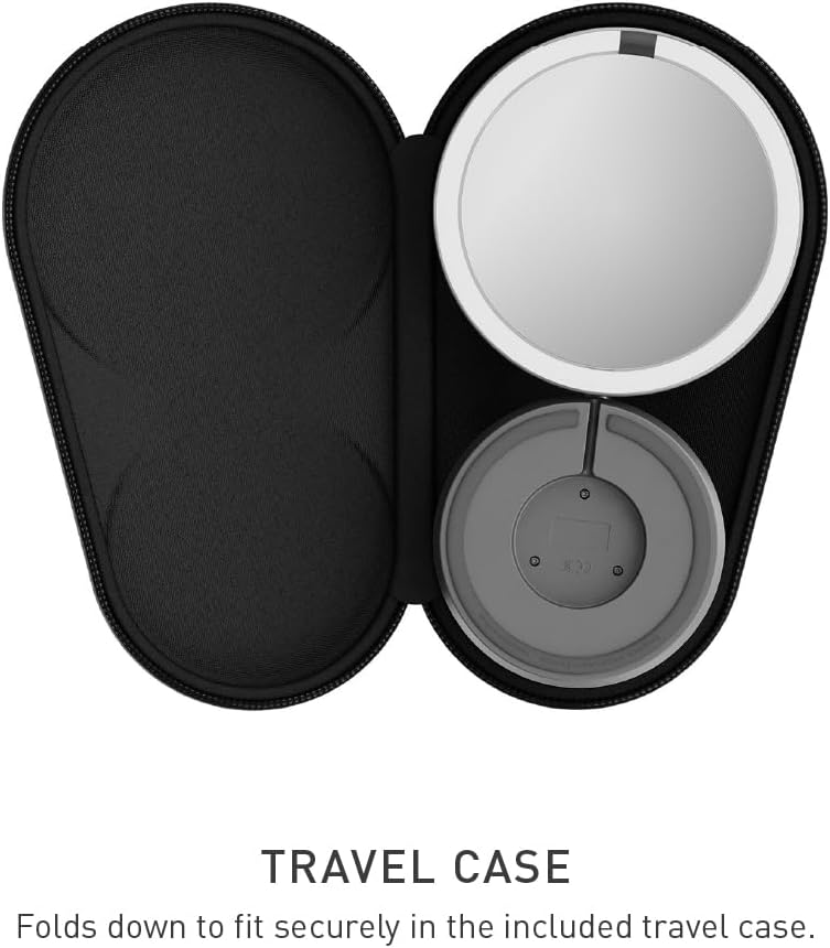 simplehuman Sensor Mirror Fold, 5'' with 10X Magnification, Round Rechargeable Travel Makeup Mirror, Tru-Lux® Full-Spectrum Light, Adjustable Brightness & Height, Brushed Stainless Steel