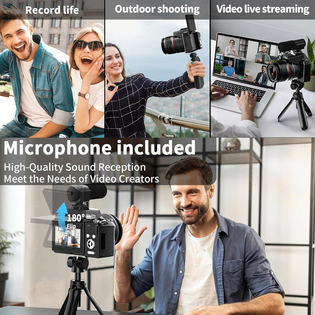 NBD 64MP Digital Cameras for Photography,5K Vlogging Cameras for YouTube,16X Optical Zoom Travel Point and Shoot Digital Cameras Fotograficas with 180°Flip Screen,58mm UV Lens,2 Batteries（Black）