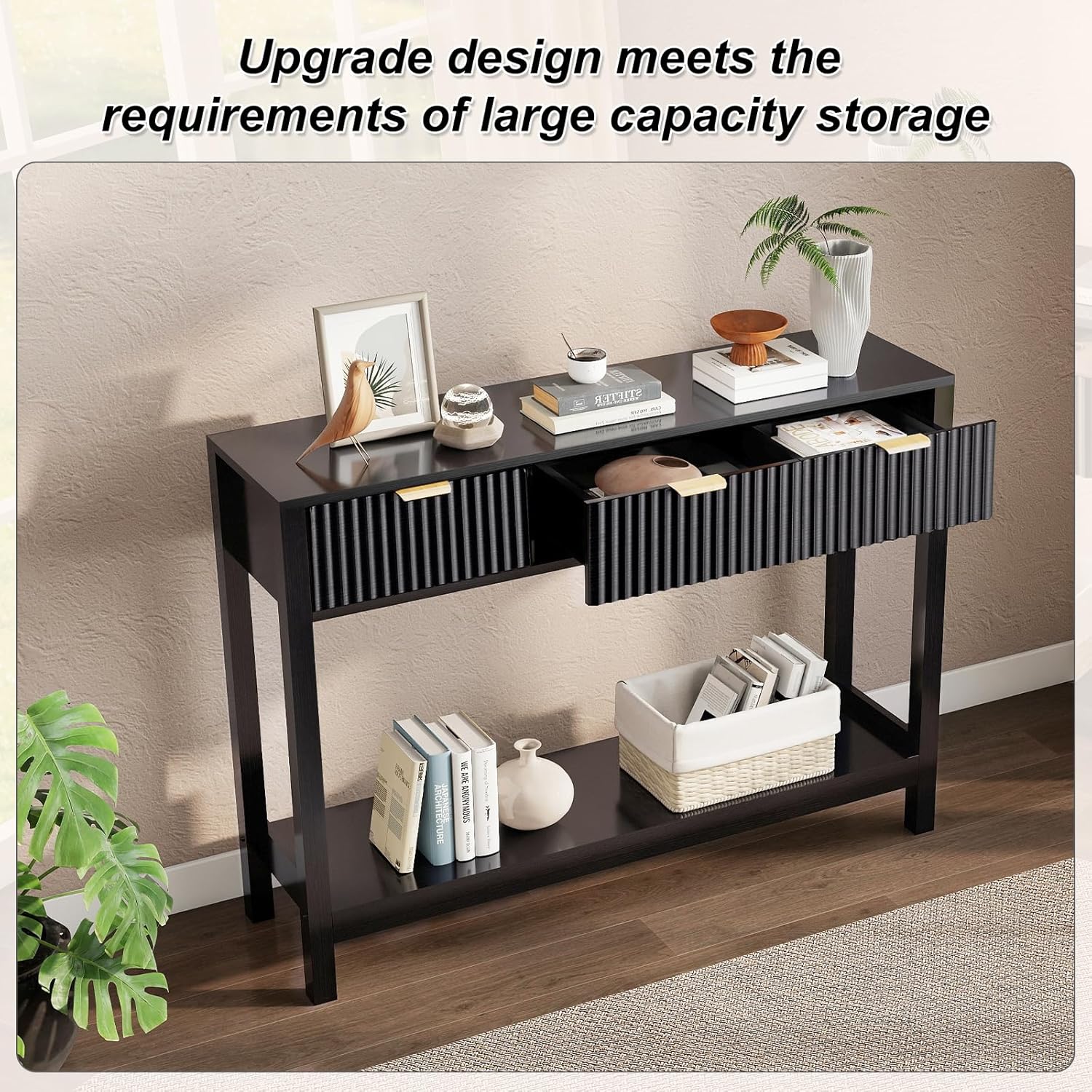Nasonet Fluted Console Table, Wooden Sofa Table with Storage and Drawers, Farmhouse Behind Couch Table Entryway Table for Entrance, Hallway, Living Room, Black