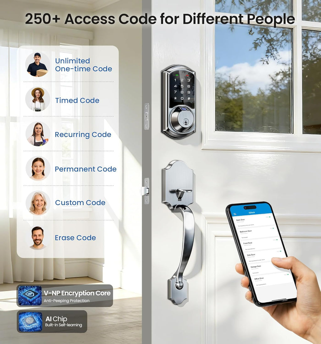 Veise VE07-H Fingerprint Smart Locks for Front Door with Handle Set, App Control, Keyless Entry Keypad Deadbolt, Digital Electronic Touchscreen, Easy Install, Auto Lock, Satin Nickel