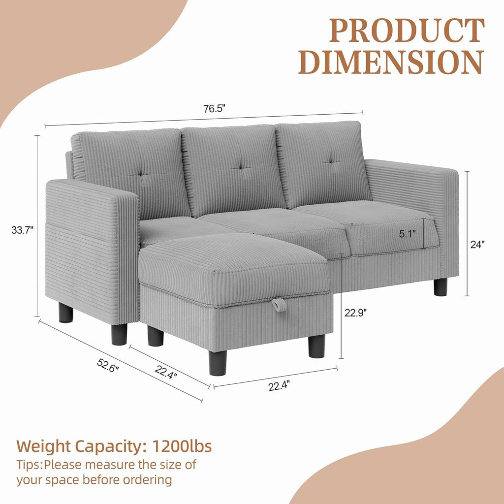 Shintenchi 76" Modern Upholstered Sectional Sofa, L-Shaped Couch with Storage Ottoman and Reversible Chaise for Living Room, Off-Grey Corduroy Fabric