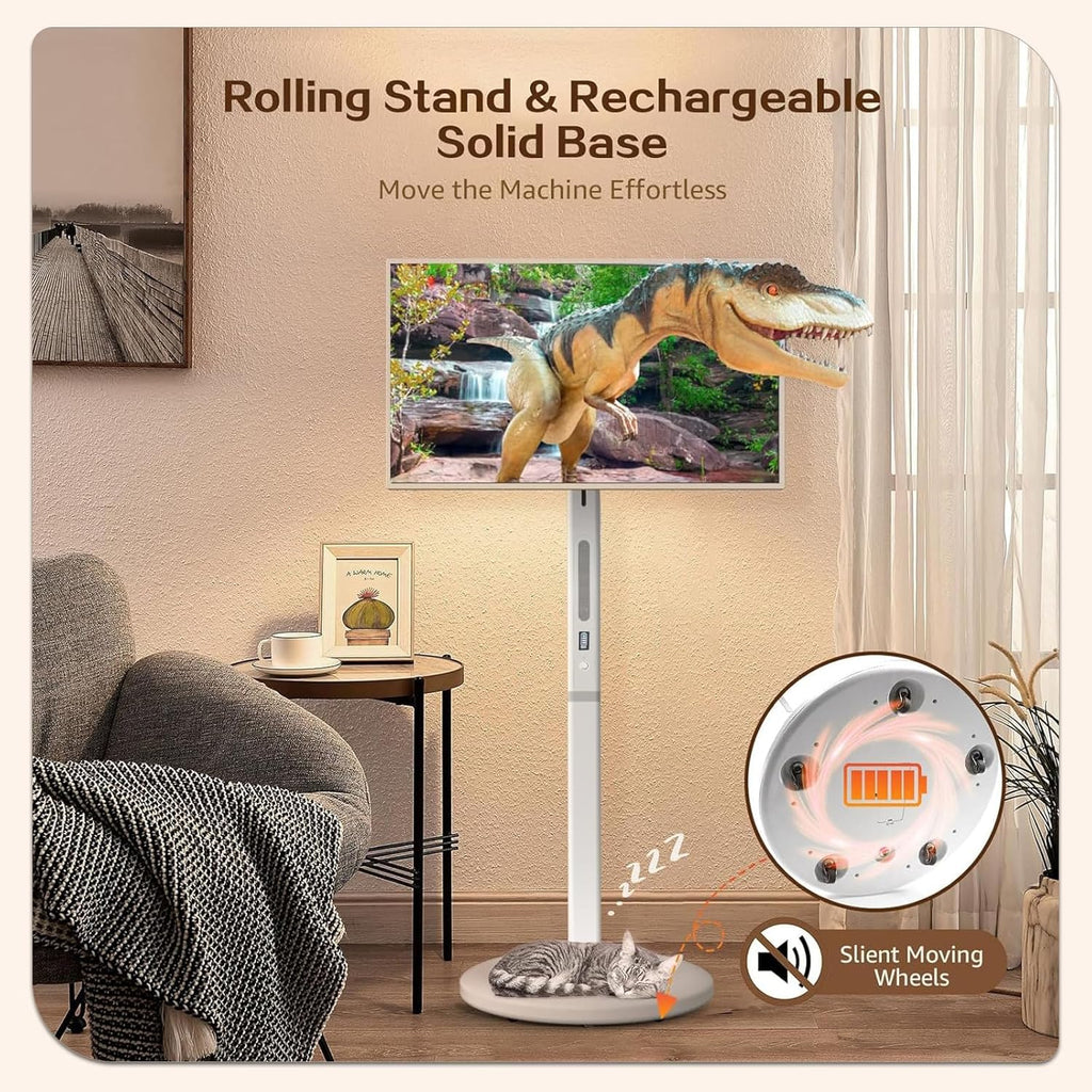 32 Inch UHD 4K Smart Portable TV on Wheels, 16GB+256GB Storage, Android 15 OS, Rolling TV with Rotatable Touch Screen, Built-in Battery, Voice Remote, Full Rotation Mobile TV for Home, Outdoors