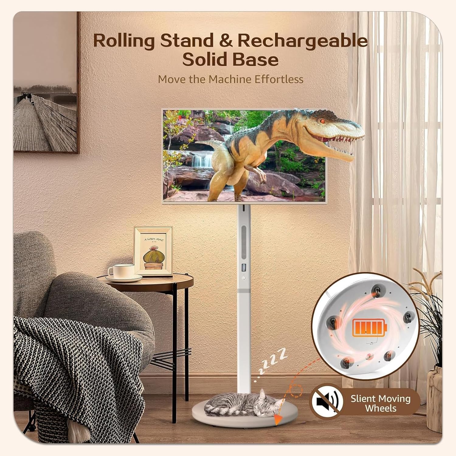 32 Inch UHD 4K Smart Portable TV on Wheels, 16GB+256GB Storage, Android 15 OS, Rolling TV with Rotatable Touch Screen, Built-in Battery, Voice Remote, Full Rotation Mobile TV for Home, Outdoors