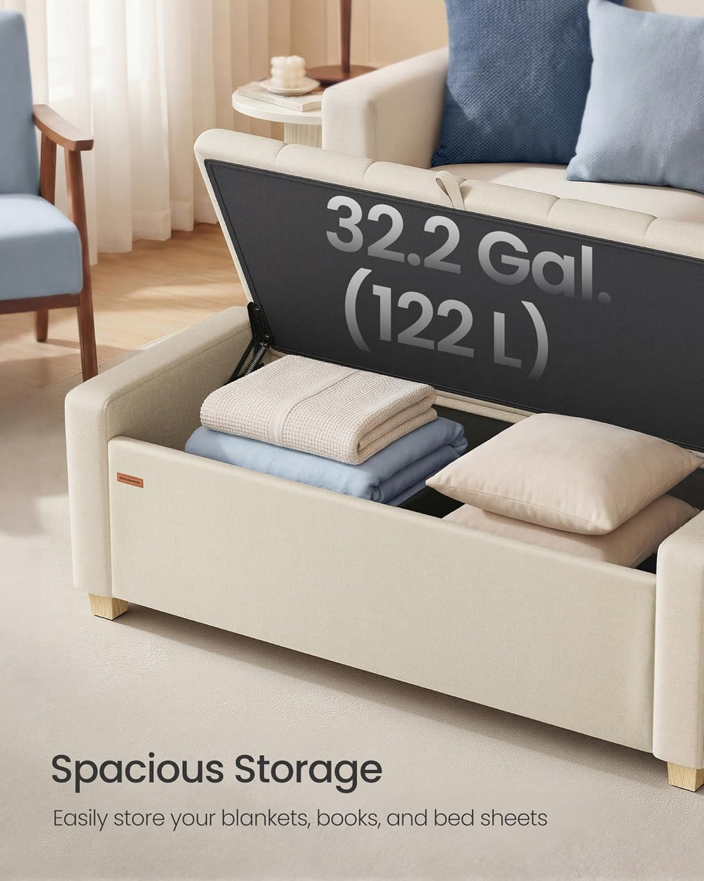 SONGMICS Storage Ottoman, Storage Chest Bench with Legs, End of Bed Bench with Safety Hinges, Pull Tab, for Living Room, Bedroom, 19.7 x 47.6 x 16.5 Inches, Linen-Look Fabric, Summer Sand ULOM511LF01