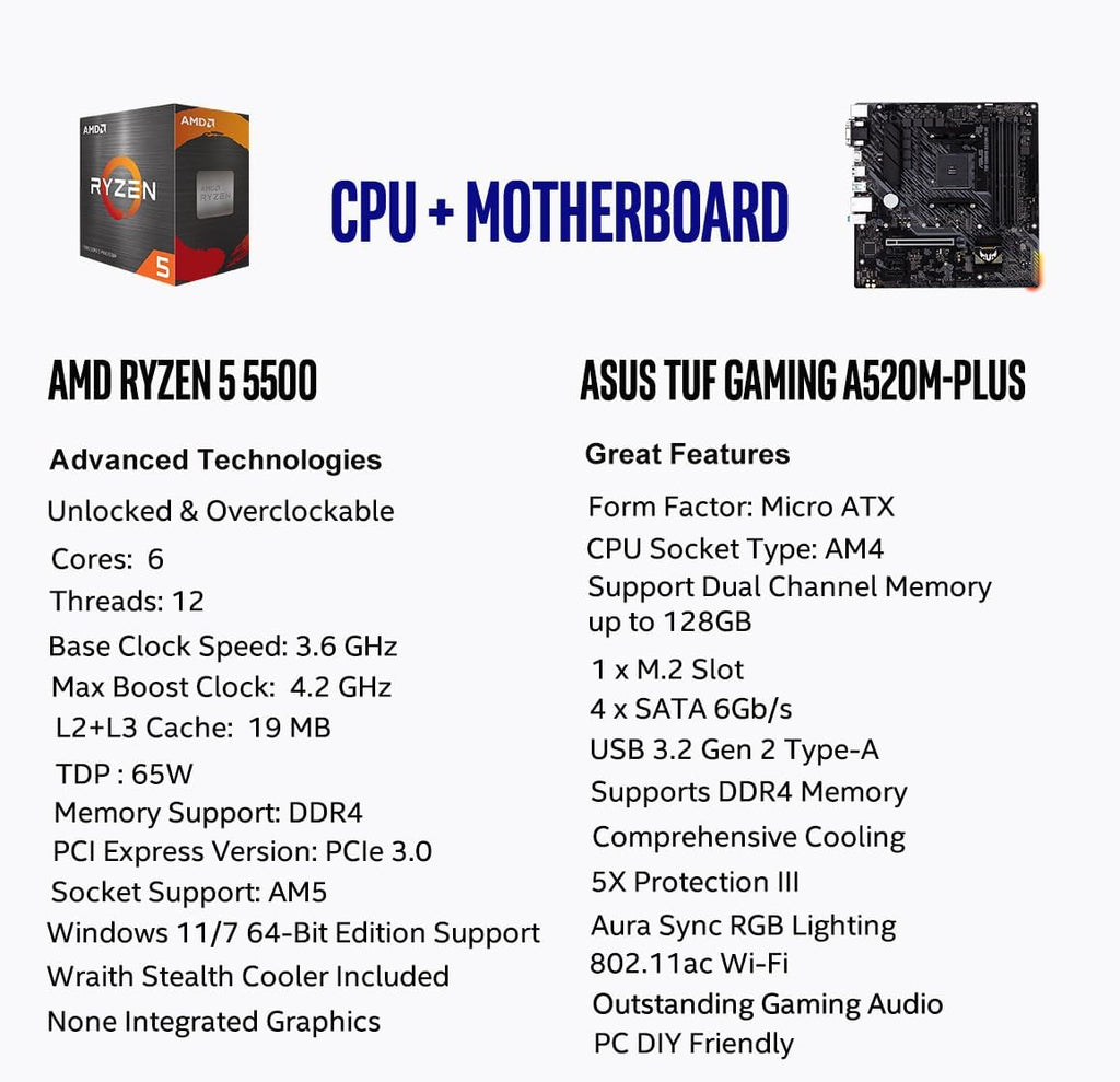 Micro Center AMD Ryzen 5 5500 Desktop Processor with ASUS TUF Gaming A520M-PLUS (WiFi) AM4 microATX Motherboard (M.2 Support, 802.11ac Wi-Fi, DisplayPort, HDMI)