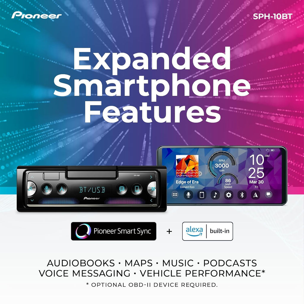 Pioneer SPH-10BT 1-Din Smart Sync Receiver – Bluetooth, Smartphone Mount, Color Change, USB, FLAC, Voice Control, 50W x 4 Output, 13-Band EQ, AM/FM Radio, Front, Rear/SW Selectable RCA Preout