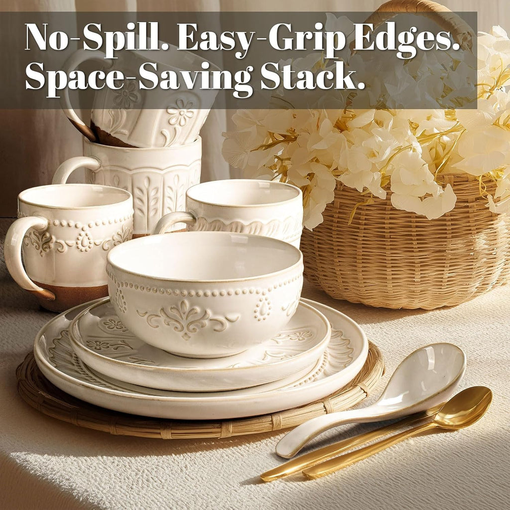 Artena Plates And Bowls Sets, 16 Pieces Dinnerware Sets, Dish Set For 4, Ceramic Kitchen Bowl And Plate Set, Embossed White Dishware Sets, Dishwasher & Microwave Safe (Multiple Patterns)