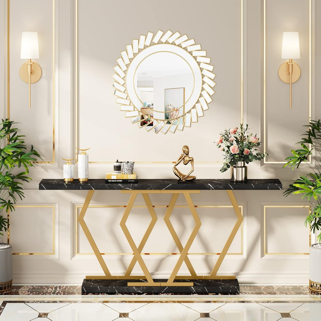 Tribesigns 70.9 Inch Extra Long Sofa Table .Black and Gold Console Table with Faux Marble Tabletop, Modern Long Entryway Table with Gold Frame