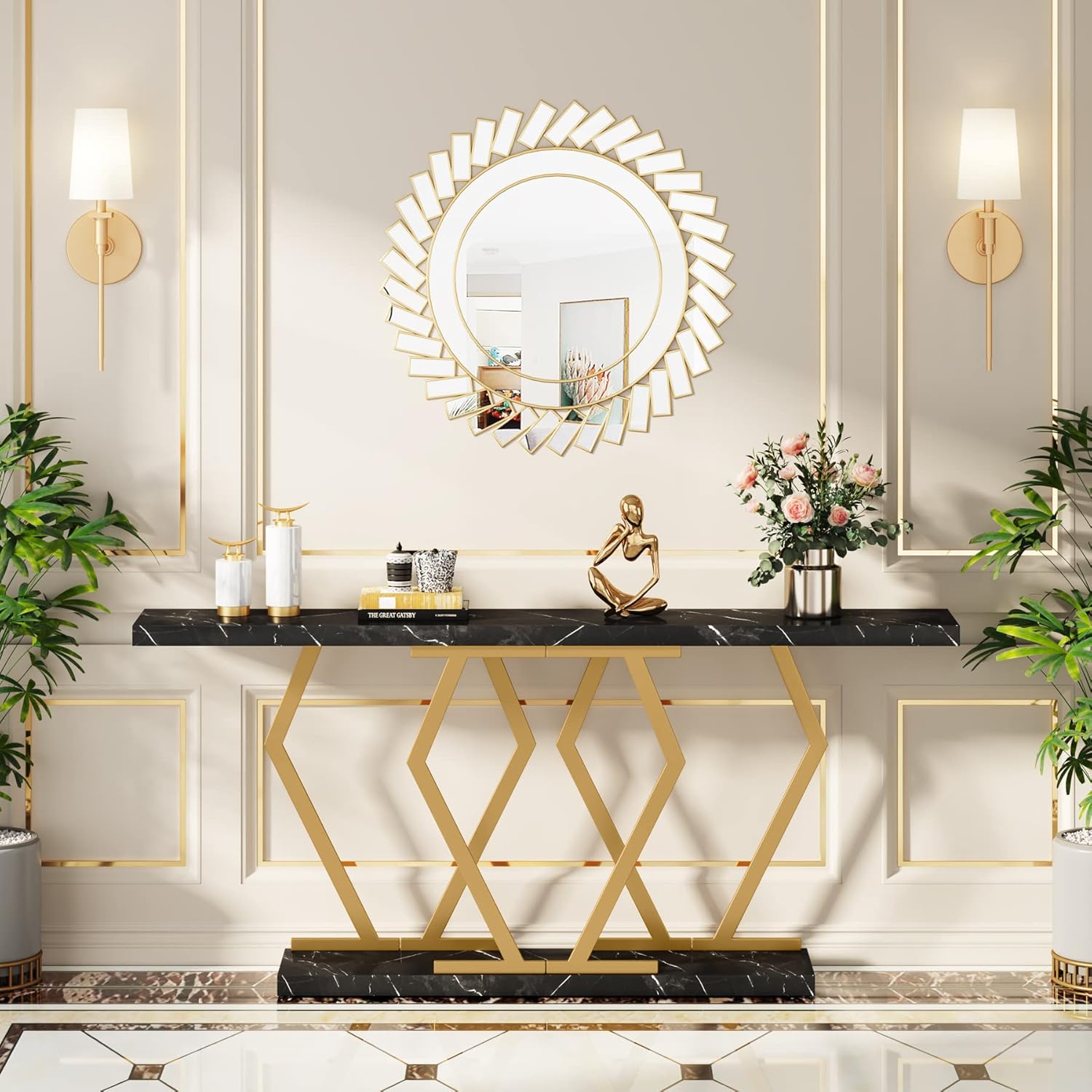 Tribesigns 70.9 Inch Extra Long Sofa Table .Black and Gold Console Table with Faux Marble Tabletop, Modern Long Entryway Table with Gold Frame