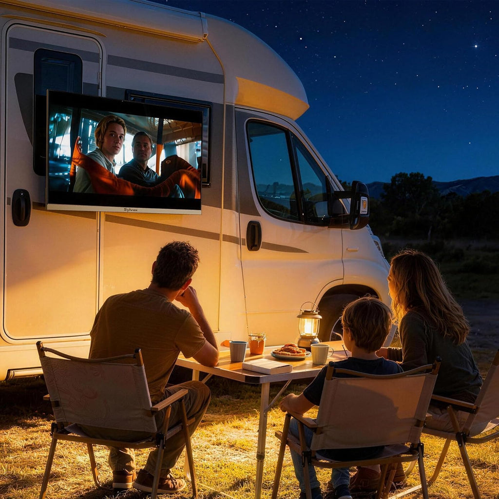 SYLVOX 32" 12V/24V Smart RV TV with Google TV & Built-in DVD Player, Frameless 1080P Full HD QLED Display, Shock-Resistant, Wide Voltage Support (9–32V), Voice Control Remote (Limo QLED Series)