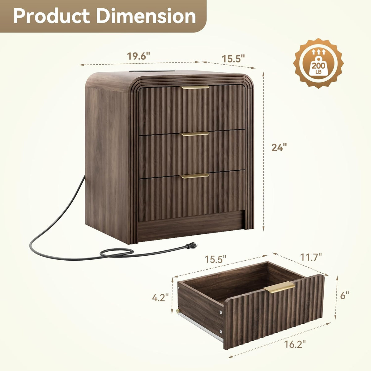 Decofy Fluted Nightstand with Charging Station, Modern Bedroom Side Table with Gold Handles, Curved Profile Design, End Table Wood Organizer for Bedroom, 19.7" & 3 Drawers (2 Pack, Walnut)