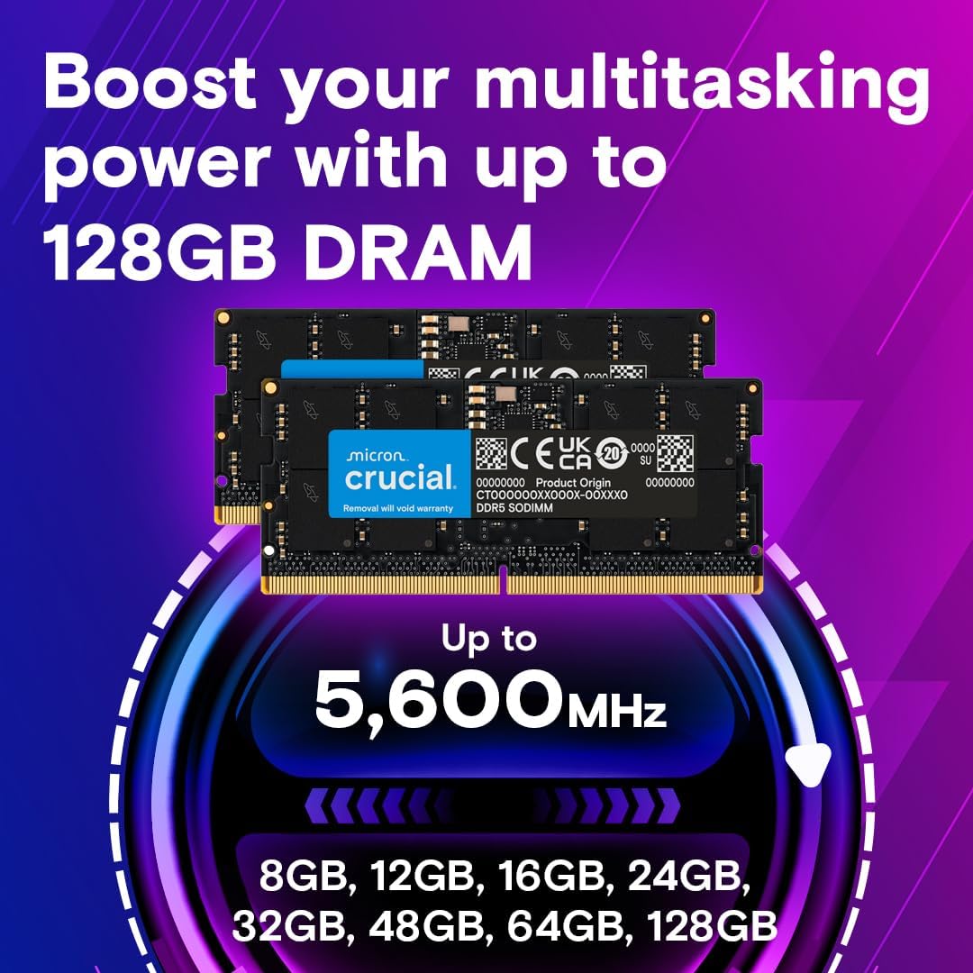 Crucial 32GB DDR5 RAM Kit (2x16GB), 5600MHz (or 5200MHz or 4800MHz) Laptop Memory 262-Pin SODIMM, Compatible with Intel Core and AMD Ryzen 7000, Black - CT2K16G56C46S5
