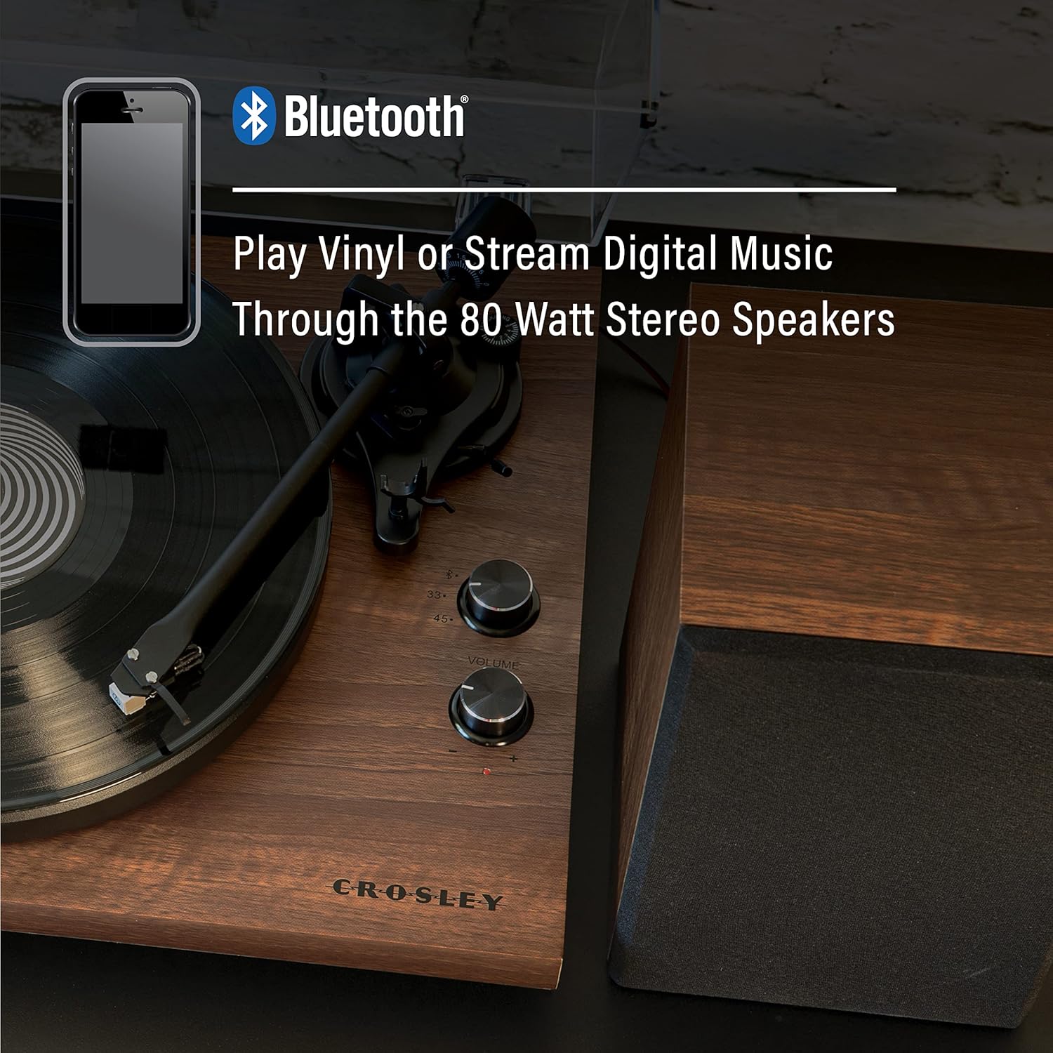 Crosley C62 Bluetooth Vinyl Record Player 120W Speakers, 2-Speed Belt-Drive Turntable, Anti-Skate, Walnut