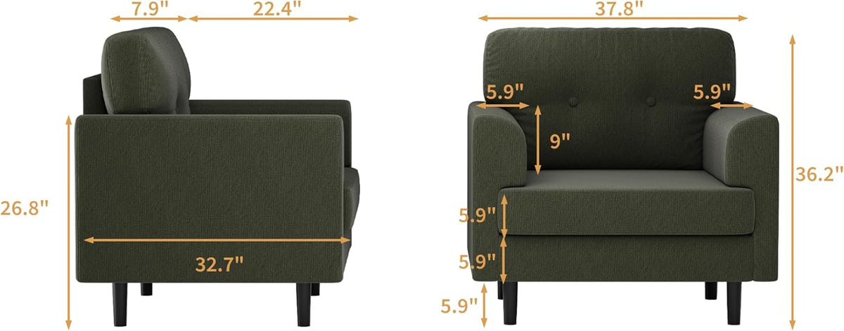 Garvee 38" Wide Sage Green Accent Chair, Modern Linen Upholstered Armchair with High-Density Foam, Comfy Reading & Lounge Chair for Living Room, Bedroom, Home Office & Reading Nook (Earthy Green Tone)