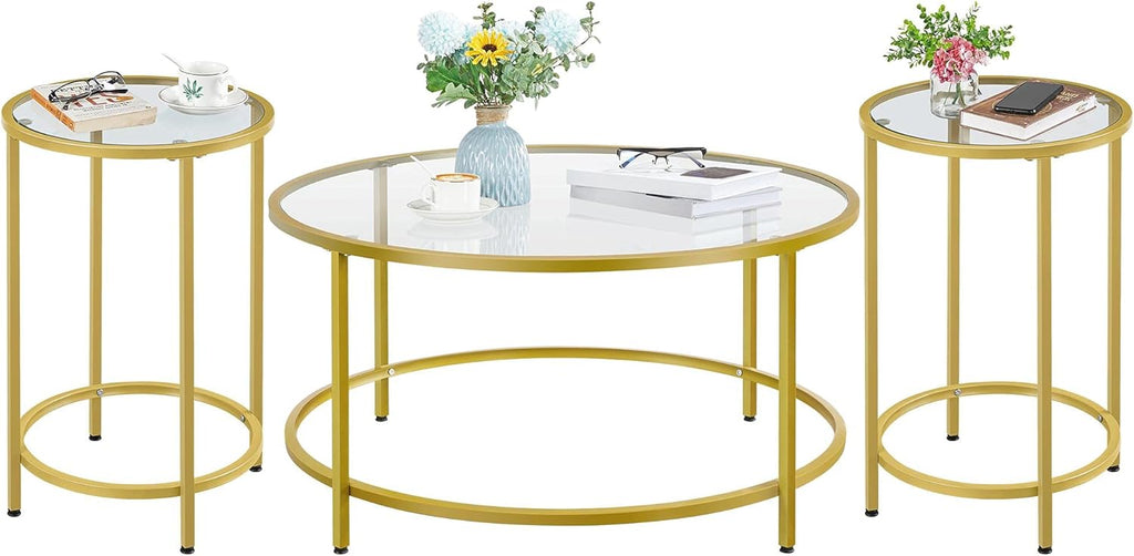 Yaheetech Coffee Table Set of 3, Round Coffee Table & 2pcs Accent End Table Easy Assembly w/Glass-Top Surface & Reinforced Frame for Living Room,Apartment,Small Space,Mustard Gold