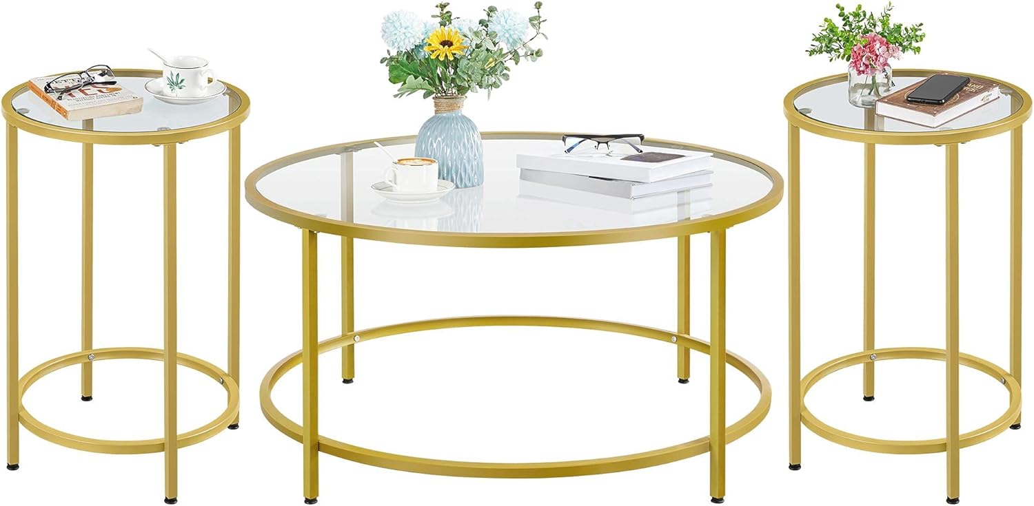 Yaheetech Coffee Table Set of 3, Round Coffee Table & 2pcs Accent End Table Easy Assembly w/Glass-Top Surface & Reinforced Frame for Living Room,Apartment,Small Space,Mustard Gold
