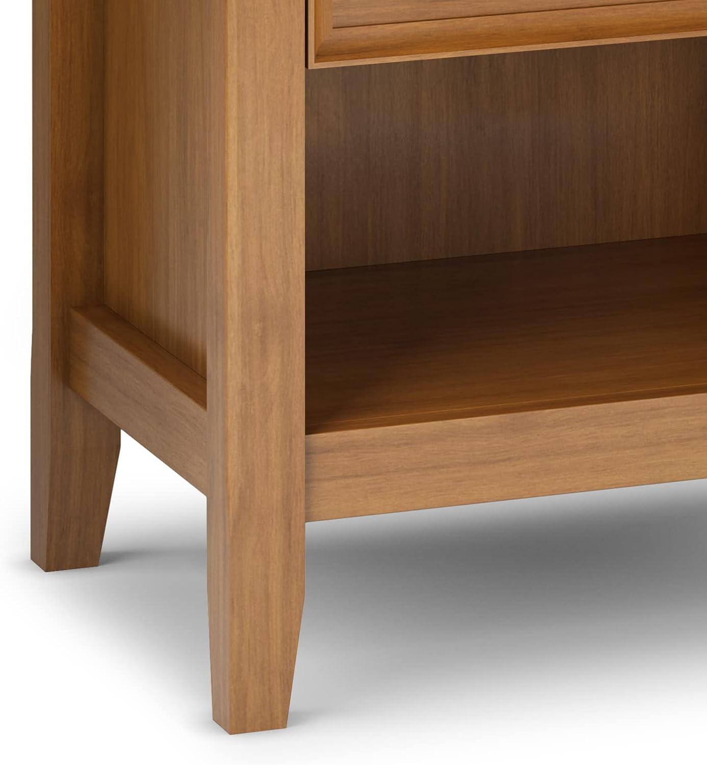 SIMPLIHOME Amherst Bedside Table - 24 inch Wide Solid Wood Nightstand in Light Golden Brown, Transitional Bedroom Side or End Table with 2 Drawers, Open Storage Shelf and Bronze Hardware