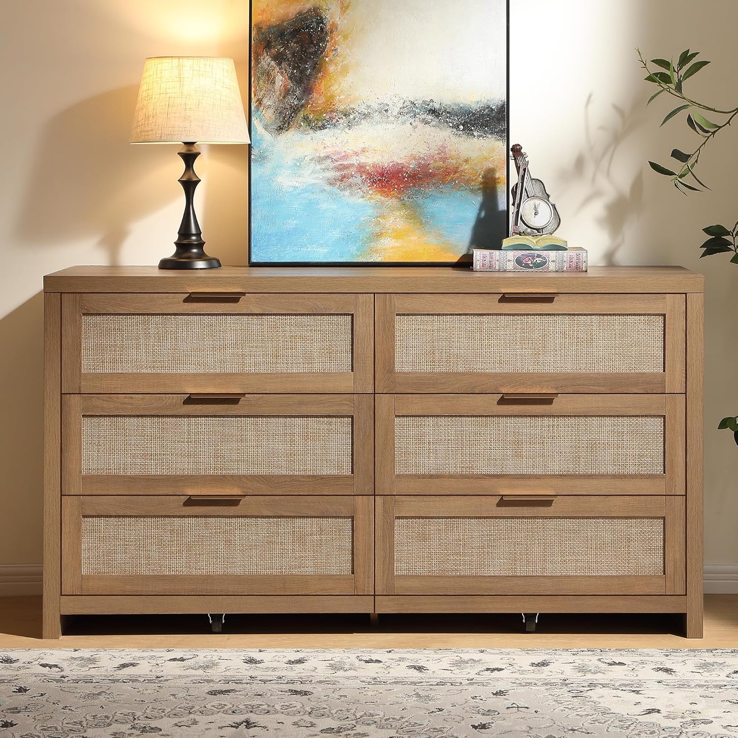 SICOTAS Rattan Dresser for Bedroom, 57" Wide 6 Drawer Dresser with Ample Storage, Dressers Large Chest of Drawers, Closet, Boho TV Stand for Bedroom (Reclaimed Caramel Oak, 1 Piece)