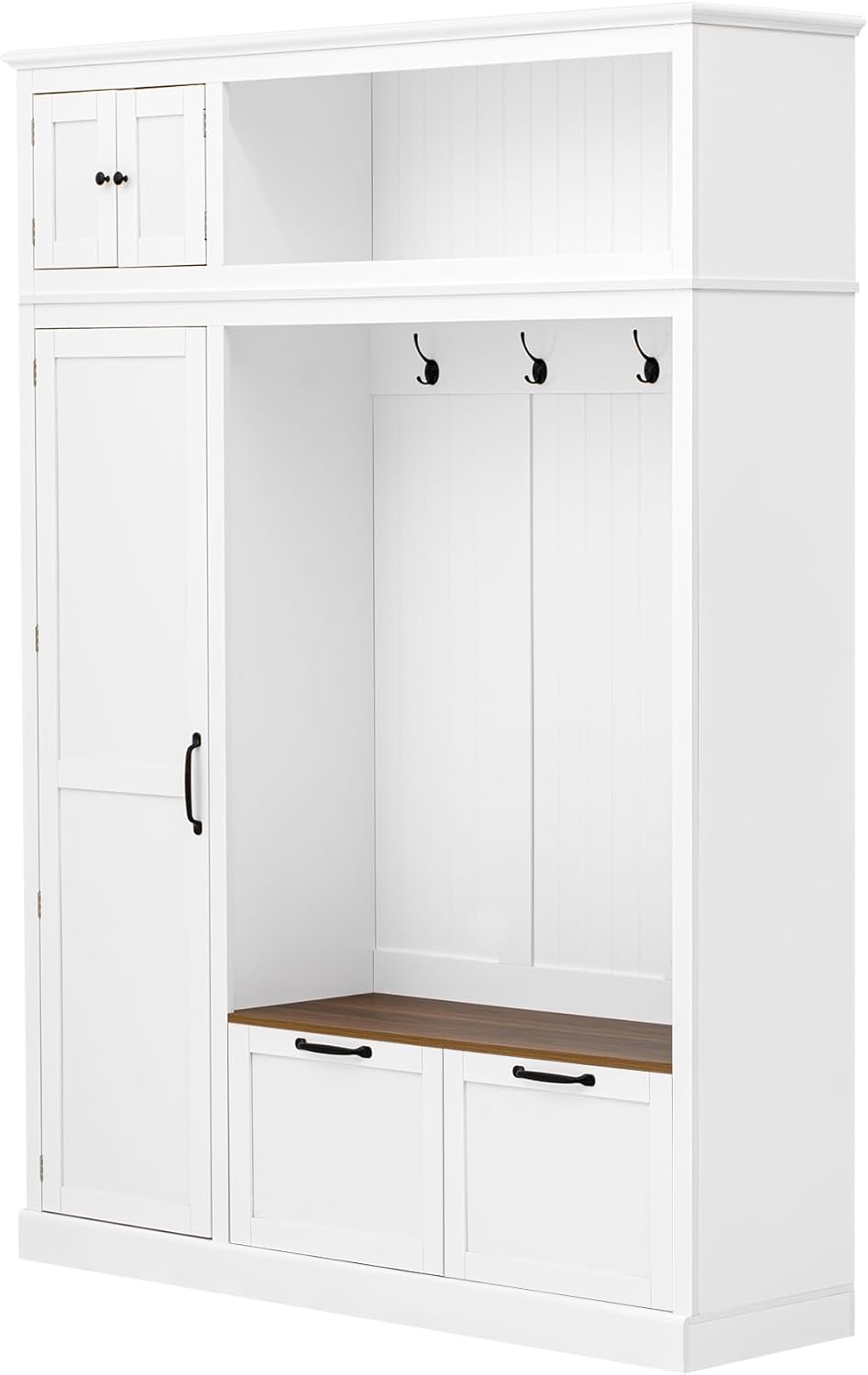 Merax 3-in-1 Hall Tree with Overhead Storage Cabinet, Adjustable Side Shelves,4 Hooks,2 Spacious Drawers,Grooved Back Panel Design, Contrasting Seat Bench,Multifunctional Entryway Organizer, White