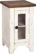 Signature Design by Ashley Wystfield Farmhouse Chair Side End Table with Cabinet Door for Storage, White & Brown with Distressed Finish