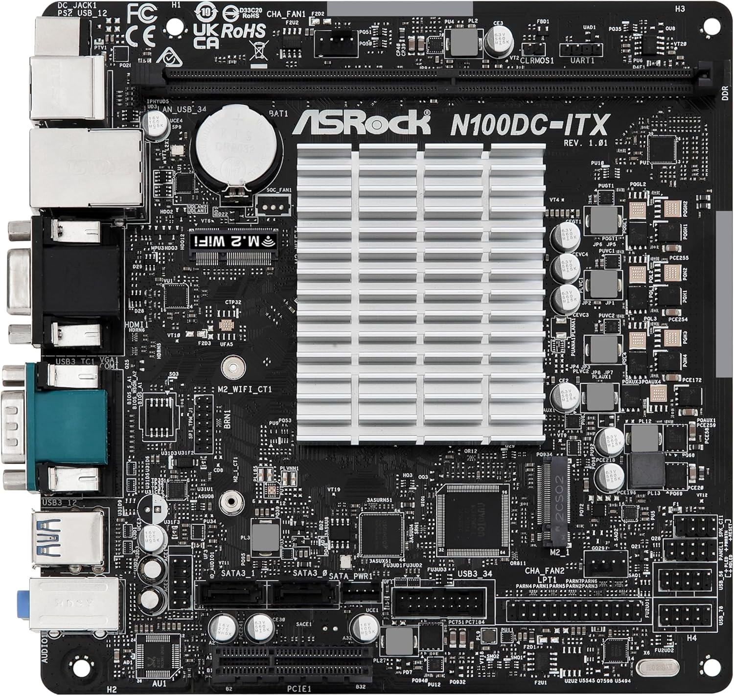 ASRock N100DC-ITX Mini-ITX Motherboard - Intel N100 Quad-Core (3.4GHz), DDR4, HDMI/D-Sub, Dual M.2 (NVMe/WiFi), SATA3, USB 3.2, Gigabit LAN, 19V DC Power