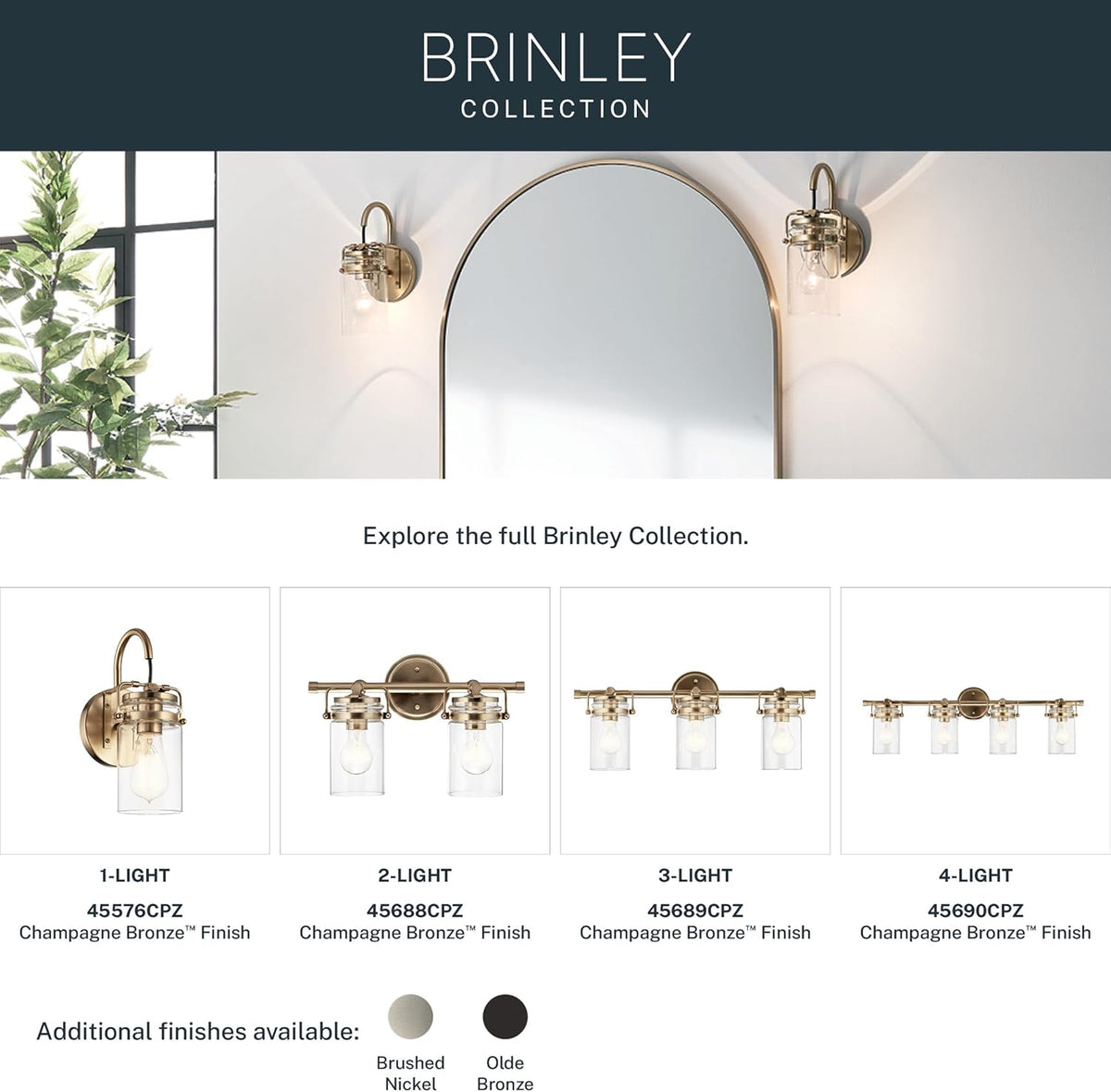 Kichler Brinley 24" 3-Light Bathroom Vanity Light Fixture with Clear Glass in Champagne Bronze, Modern Farmhouse Mason Jar Style for Mirror Lighting (24" W x 10.25" H), 45689CPZ