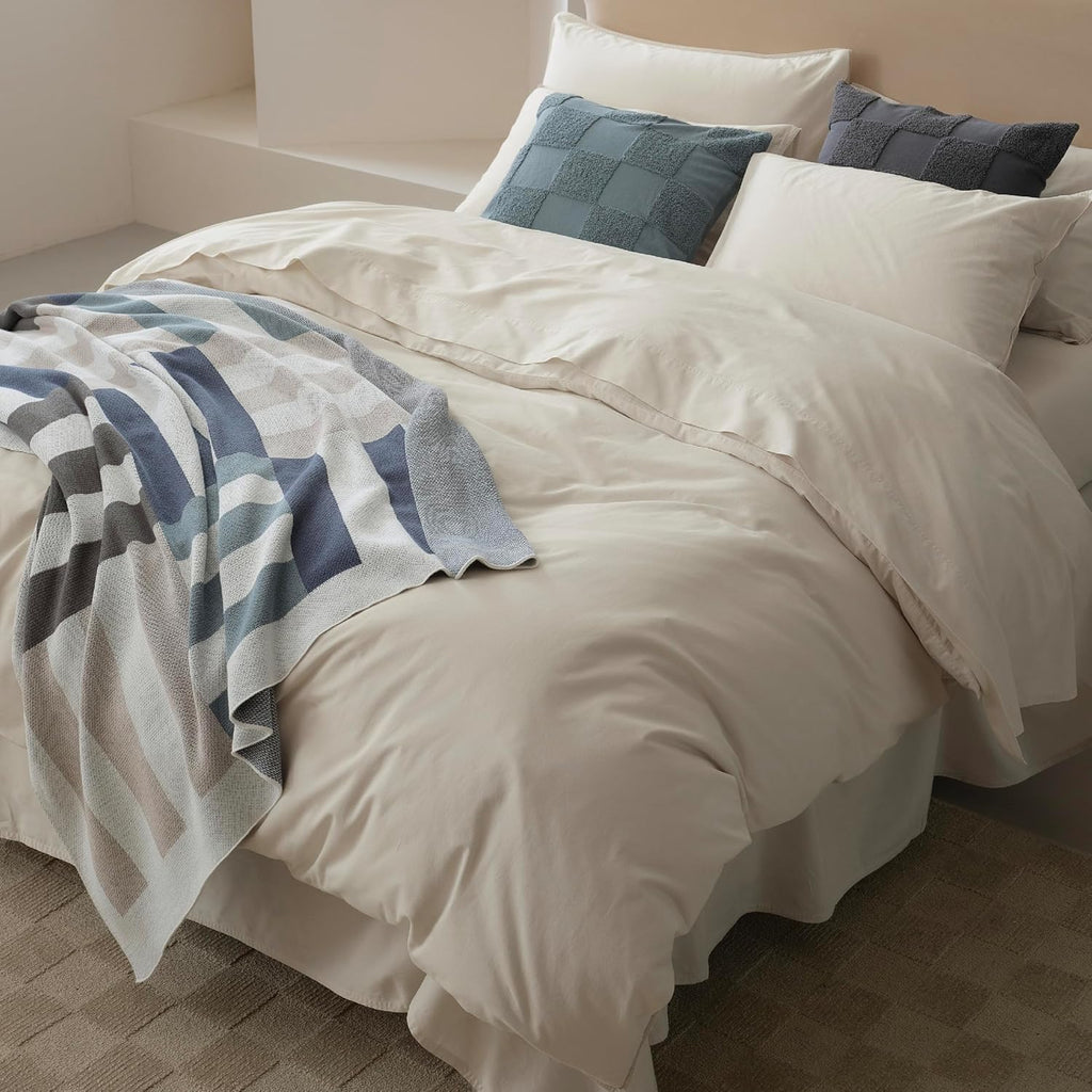 Double Stitch 100% GOTS Organic Cotton Duvet Cover, Washed Cotton Queen Size Duvet Covers Set, 300 TC Luxury Hotel Sateen Weave 3PCS Bedding Set, Soft Long Staple Cotton, Made in India, Coconut White