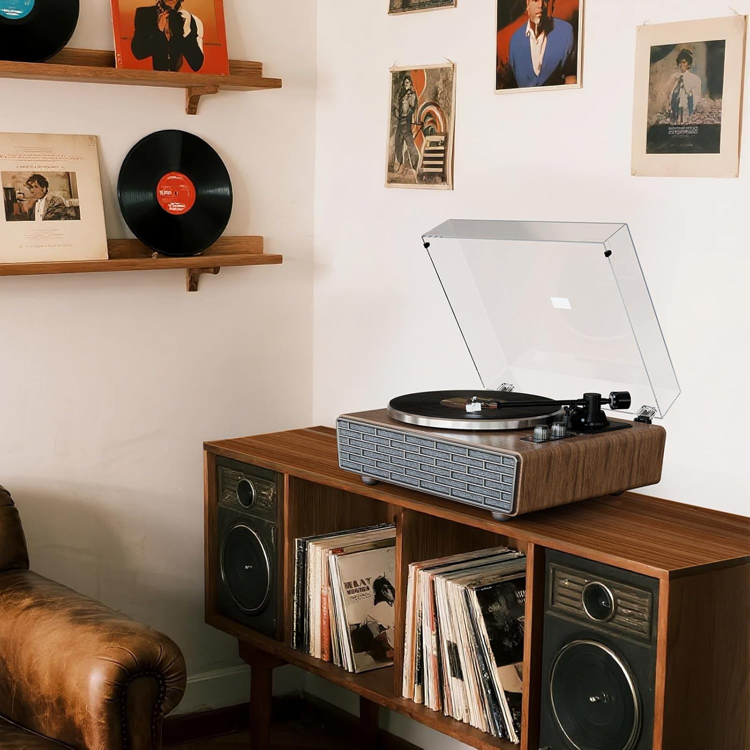 XJ-HOME All in One Vinyl Record Player with 4 Treble/Bass Stereo Speakers,Bluetooth HiFi Turntables for Vinyl Records with Magnetic Cartridge AT-3600L,Phono Preamp,33/45RPM,2-Speed,AUX in/RCA Out