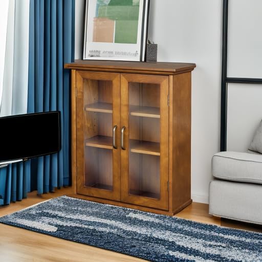 Teamson Home Avery Wooden Over The Toilet Bathroom Removable Wall Medicine Cabinet with 2 Adjustable Shelves 3 Storage Spaces 2 Glass-Paneled Doors and Antique Brass Knobs, Oiled Oak