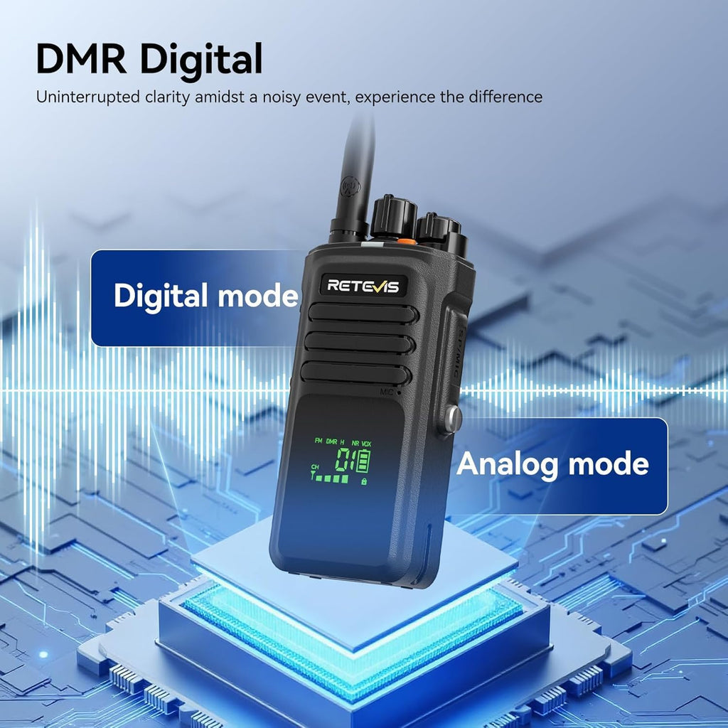 Retevis NR40 DMR 2 Way Radio with Earpiece,High Power Digital Walkie Talkies,Noise Cancelling,Digital/Analog,Quadruple Alarm,IP67 Waterproof,Professional Two Way Radios for Warehouse Industry(2 Pack)
