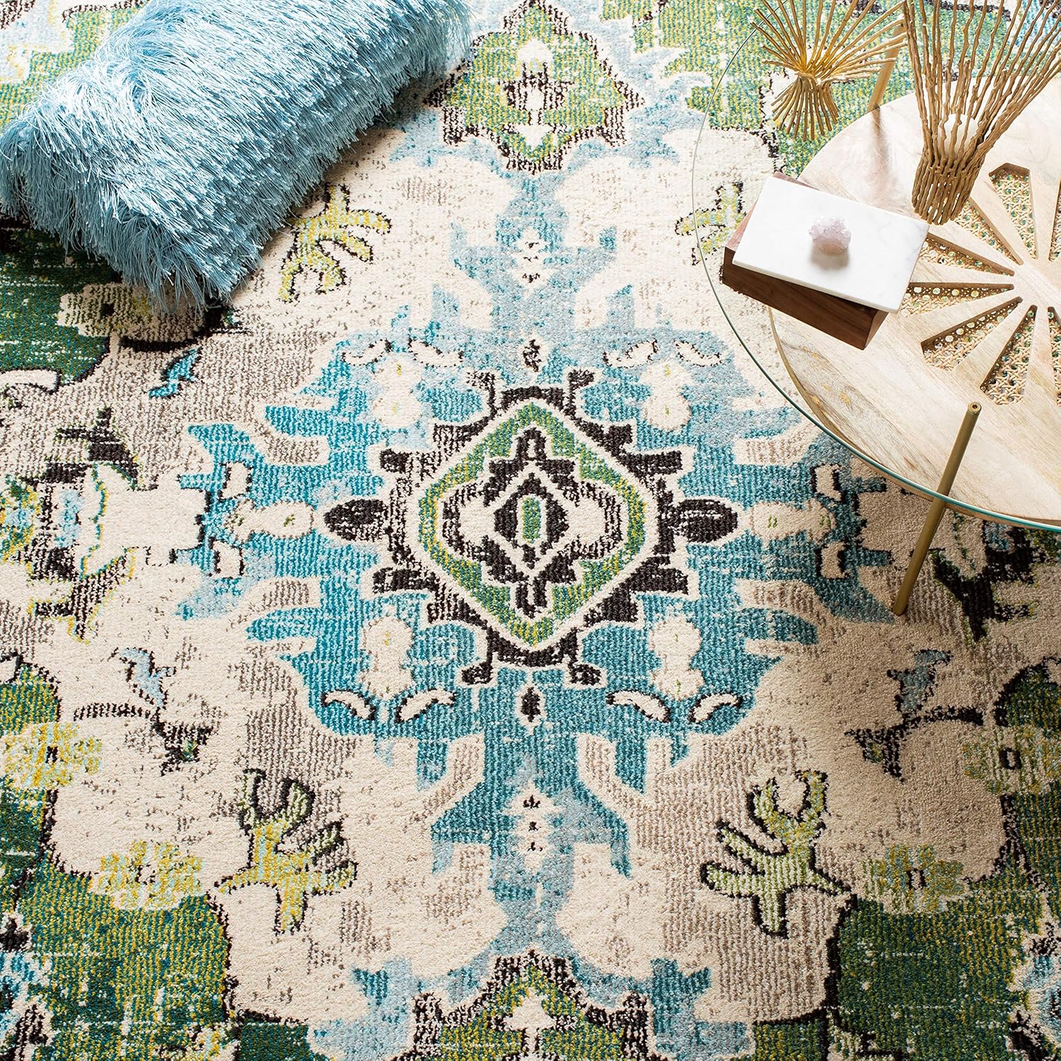 SAFAVIEH Monaco Collection Area Rug - 8' x 10', Forest Green & Light Blue, Non-Shedding & Easy to Clean, Distressed Medallion Design, Ideal for Living Room, Bedroom, Dining Space (MNC243F)