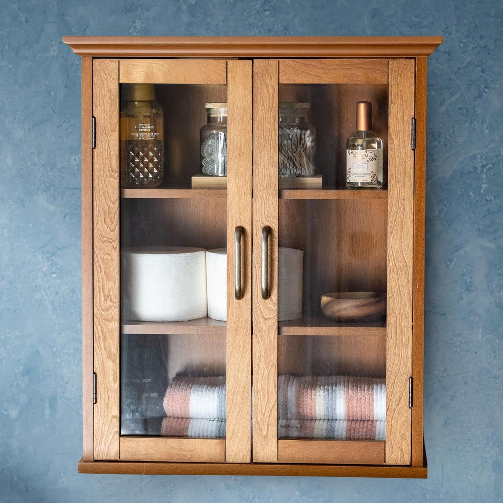Teamson Home Avery Wooden Over The Toilet Bathroom Removable Wall Medicine Cabinet with 2 Adjustable Shelves 3 Storage Spaces 2 Glass-Paneled Doors and Antique Brass Knobs, Oiled Oak