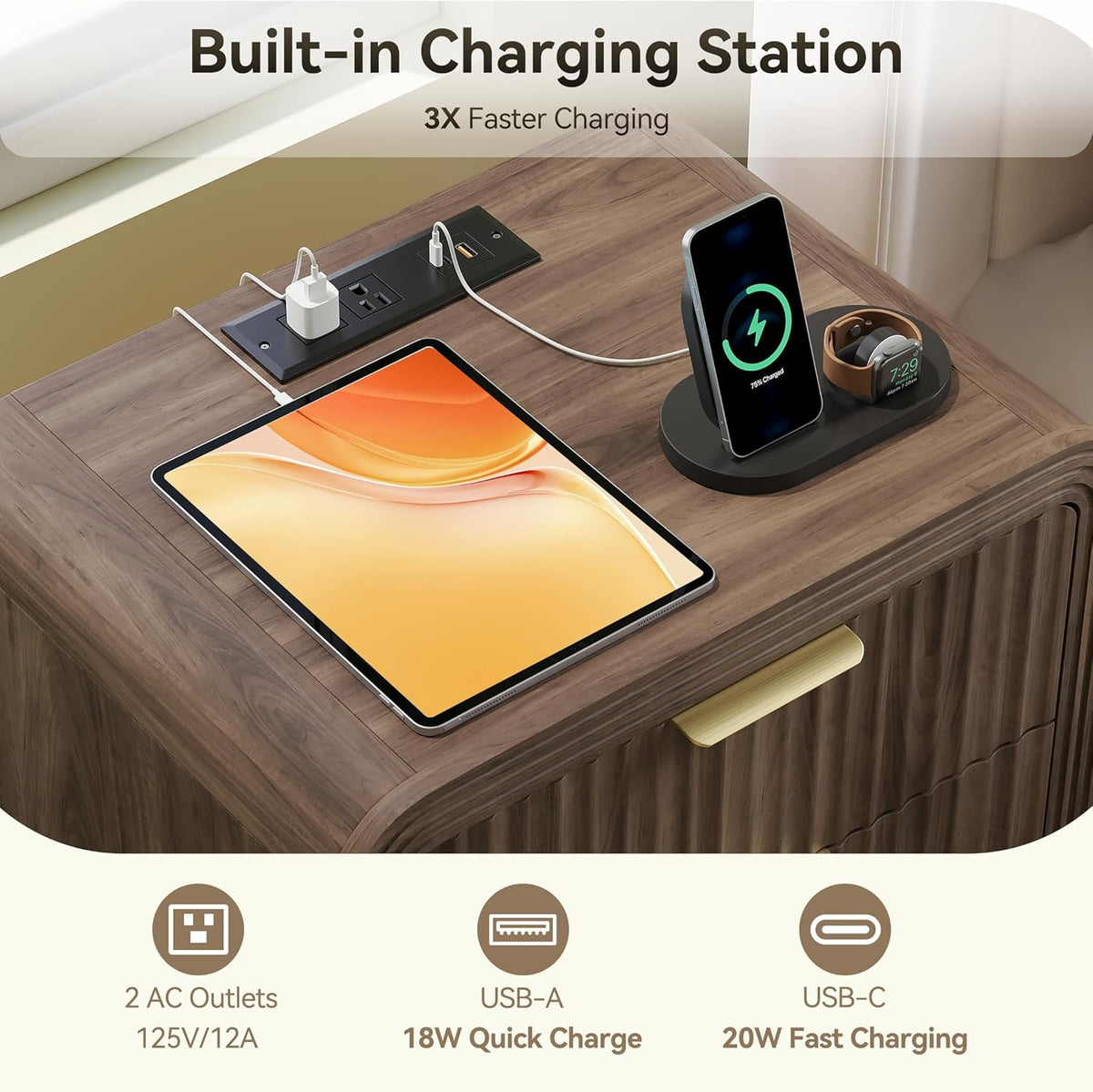 Decofy Fluted Nightstand with Charging Station, Modern Bedroom Side Table with Gold Handles, Curved Profile Design, End Table Wood Organizer for Bedroom, 19.7" & 3 Drawers (2 Pack, Walnut)