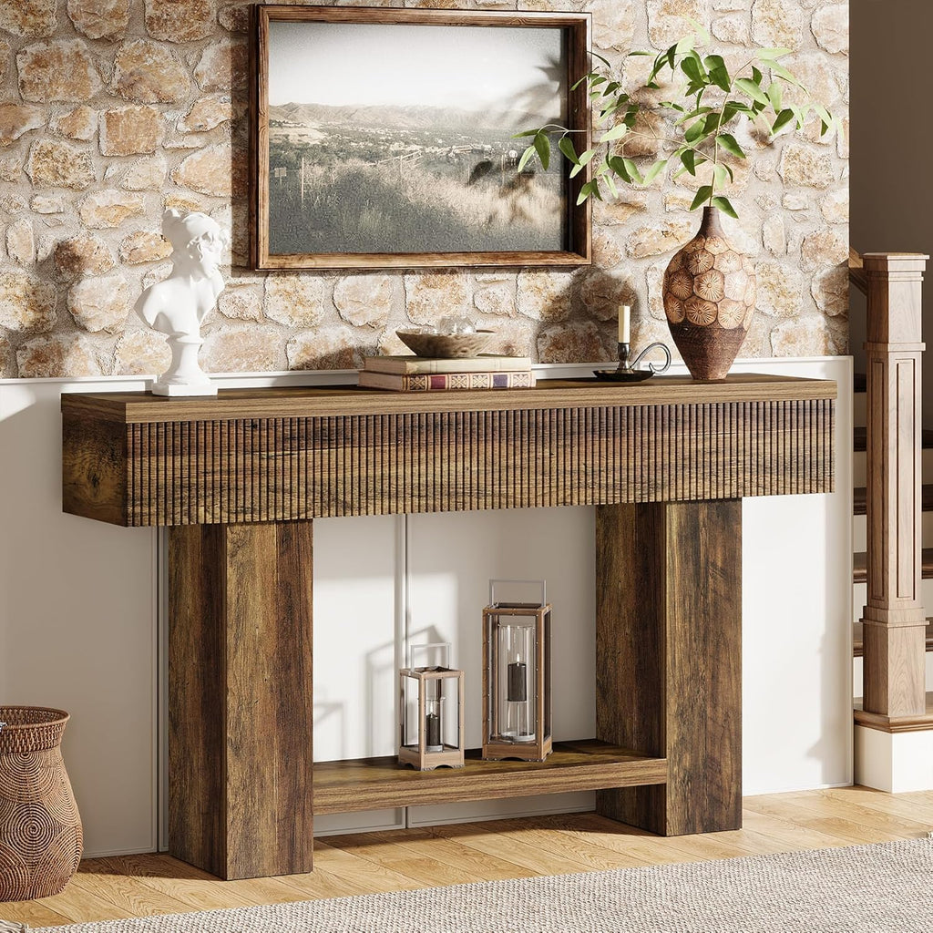LITTLE TREE 55-Inch Entryway Table with Storage, Farmhouse Console Table for Hallway, 2-Tier Sofa Table for Behind Couch, Rustic Wood Console Table for Living Room & Foyer