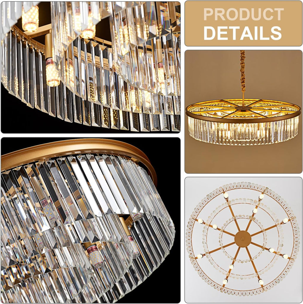 31.5" 12-Light Modern Crystal Chandelier Light Fixtures 3 Rings Gold Luxury Chandeliers for Living Room Glam Round Hanging Ceiling Pendant Lighting for Entryway Kitchen Bedroom Dining Room