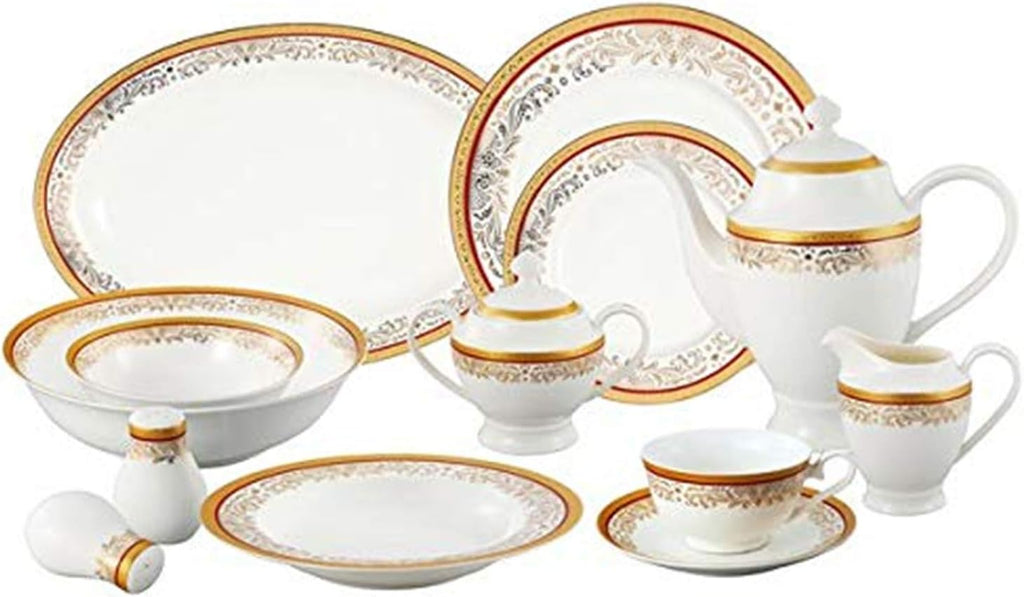 Lorren Home Trends La Luna Collection Bone China 57-Piece Red and 24K Gold Design Dinnerware Set, Service for 8