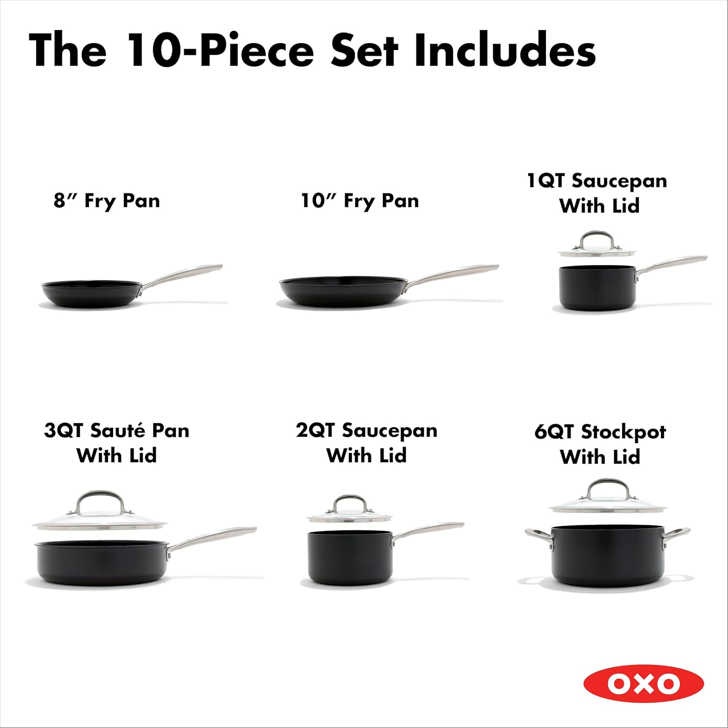 OXO Enhanced 10 Piece Cookware Pots & Pans Set, PFAS-Free Ceramic Nonstick, Durable Hard Anodized Cookware, Scratch Resistant, Stainless Steel Handle, Good Grips, Dishwasher & Oven Safe, Black