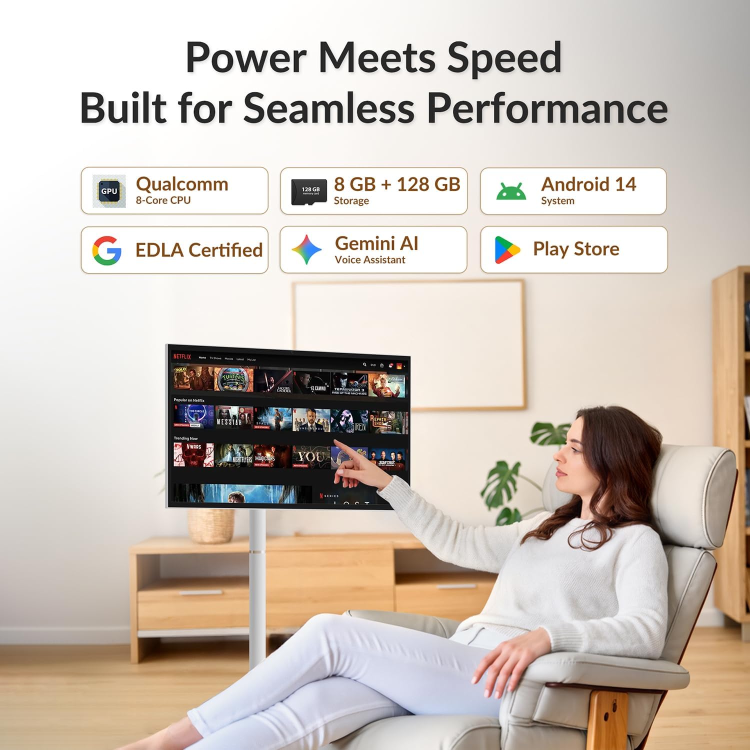 27-Inch Smart Portable TV on Wheels | Built-in 14-16H Battery | Qualcomm Snapdragon, 8+128GB Android 14 OS | EDLA Touch Screen, 13 MP Camera, Full Swivel Rotation, Remote & Voice Control