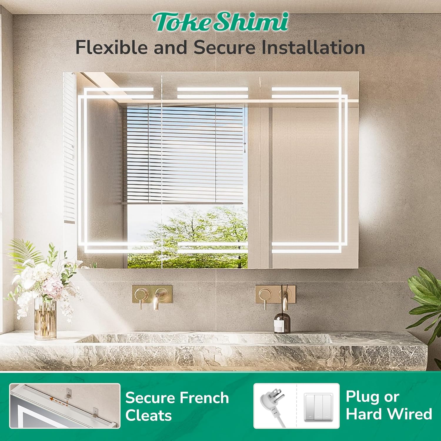 TokeShimi 48x32 Inch Lighted Medicine Cabinet, LED Medicine Cabinet with Lights, Wall-Mounted Bathroom Cabinet Mirror with 3 Color Temperature, Anti-Fog, CRI 80+, Memory Function, Tempered Glass