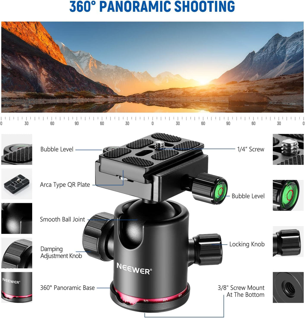 NEEWER Upgraded 80.7" Carbon Fiber Camera Tripod Monopod with Telescopic 2 Section Center Axes, 360° Panorama Ballhead, 1/4" Arca Type QR Plate, Travel Tripod with ø28mm Column, Max Load 26.5lb, N55CR
