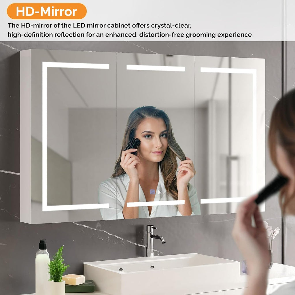 VINGLI 60 x 36 Inch Extra Large Lighted Bathroom Medicine Cabinet with Mirror, Large 3-Door Wall Mounted Bathroom Medicine Cabinet with Lights, Dimmable Mirror with Storage, Built-in Outlet & USB