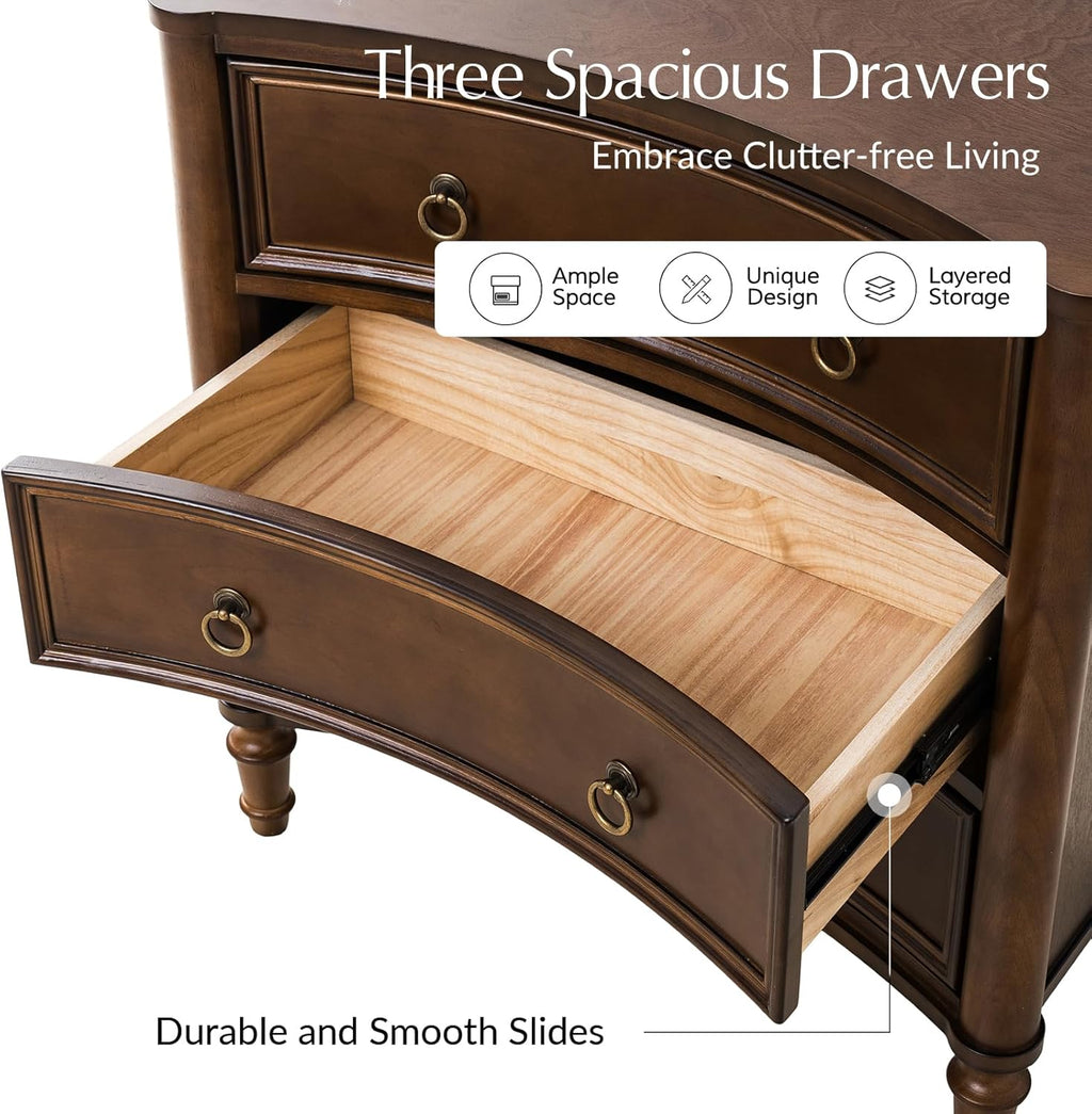 HULALA HOME 3 Drawer End Tables Set of 2 with Charging Station, 26" Wide Endtables with Solid Wood Legs and Curved Profile, Classic Side Tables for Living Room, Walnut