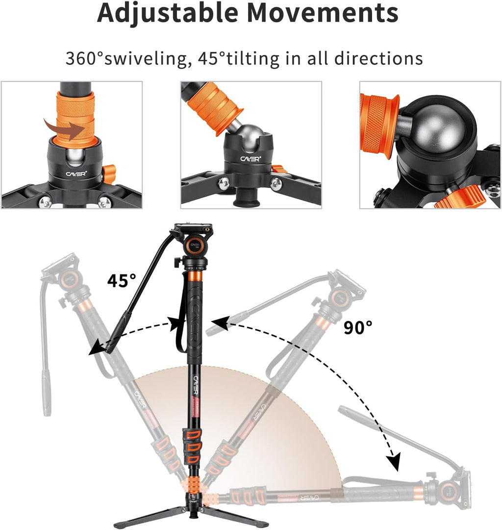 Cayer FP34 Monopod with Feet, 71 inch Aluminum Telescopic Camera Monopod with Fluid Head and 3-Leg Tripod Base for DSLR Video Cameras Camcorders, Supporting up to 13.2 lbs