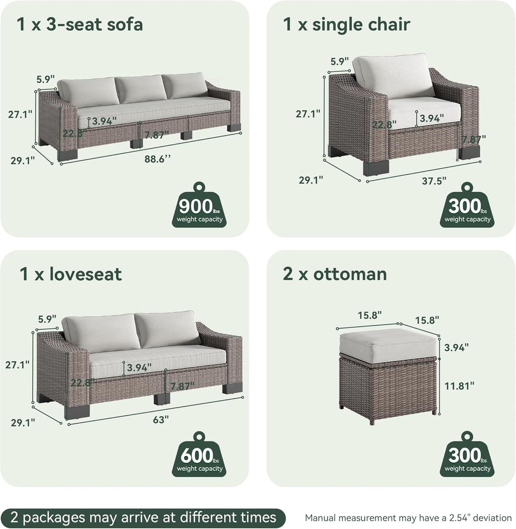 8 Piece Patio Furniture Set, Wicker Patio Conversation Set with 5.9" Wide Armrest, Waterproof Cushions & Ottomans with Modular Outdoor Couch for Backyard, Deck, Garden