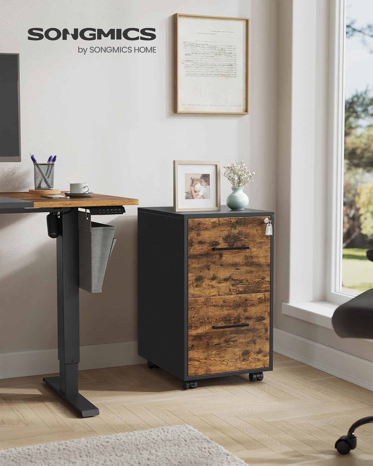SONGMICS File Cabinet, Pre-Assembled Except Wheels and Handles, Office Filing Cabinet with Lock, for A4, Legal, Letter Sized Documents, 17.7 x 14.4 x 25.4 Inches, Rustic Brown and Black UOFC112B02