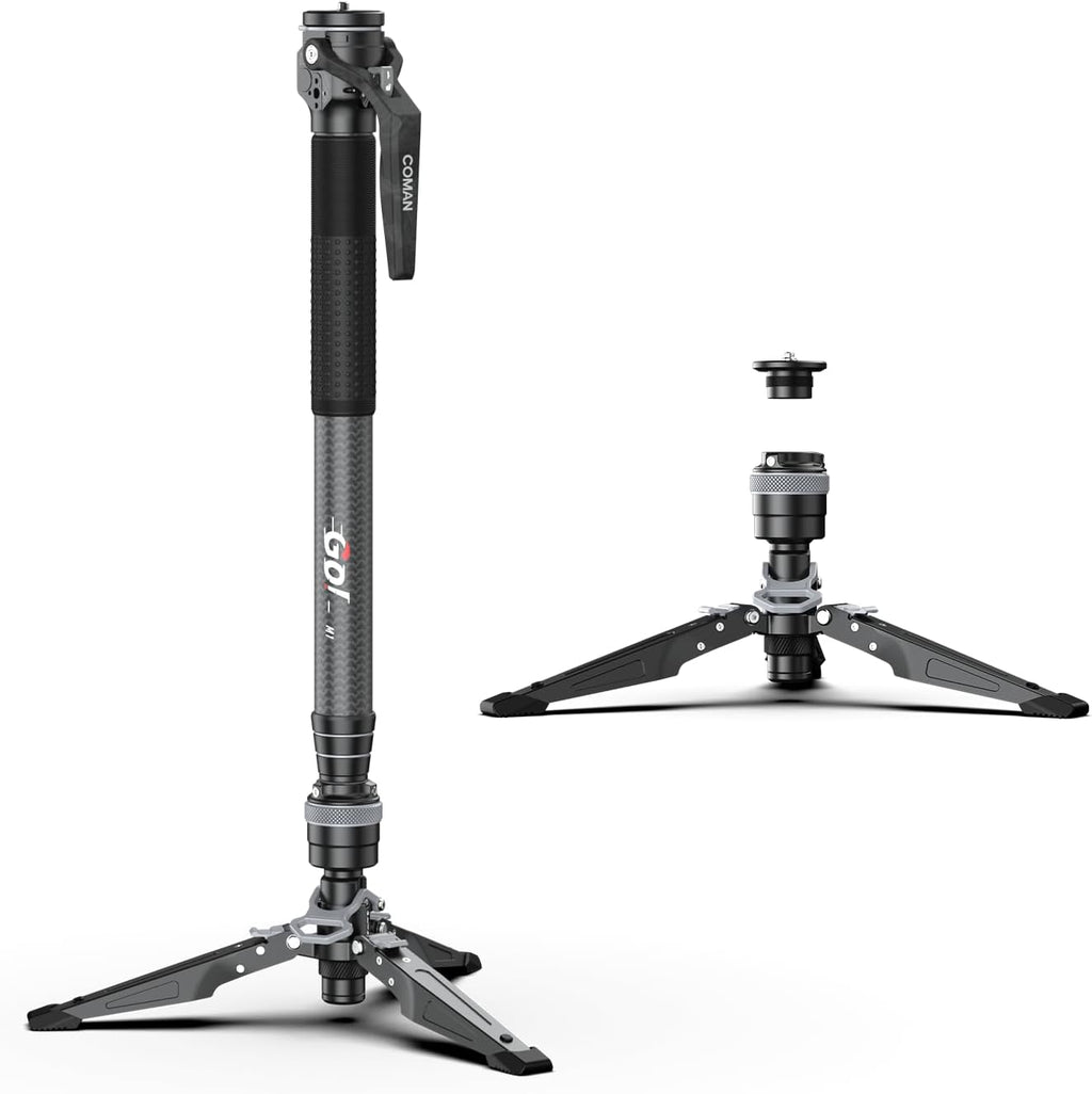 COMAN M1 62.8" Carbon Fiber Monopod for Camera, One-Click Lifting Monopod with feet, Compact for Travel, Max Load 44lbs / 20kg for Camera, DSLR, Camcorder